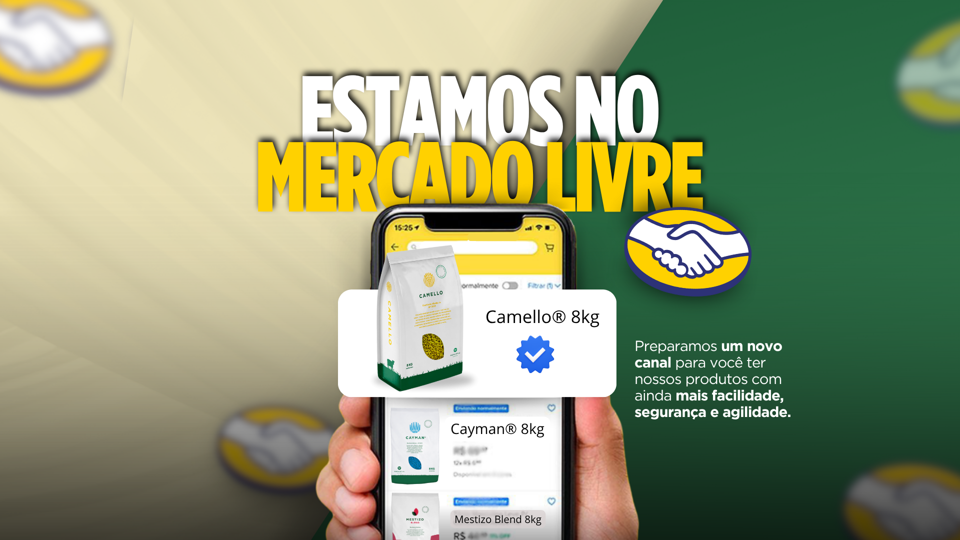Imagem promocional da Papalotla anunciando a chegada ao Mercado Livre, com destaque para os produtos Camello®, Cayman® e Mestizo Blend® e Cobra®.